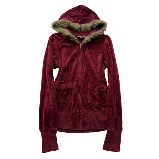 Vintage Juicy Couture “Queen of Couture“ Women's Maroon Zip Up Hoodie Y2K Size L