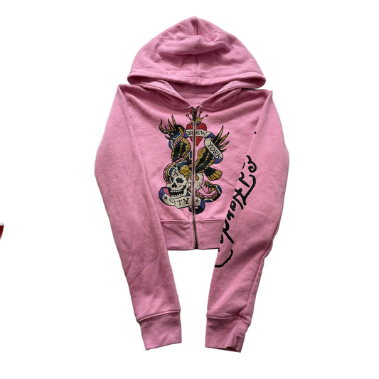 Ed Hardy Skull Eagle Women's Pink Zip-Up Cropped Hoodie Tattoo Graphic Size S
