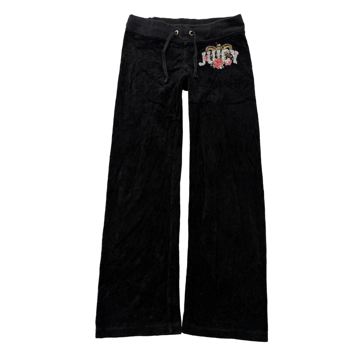 Juicy Couture Women's Black Velour Flared Track Pant Rhinestones Logo Y2K Size 7