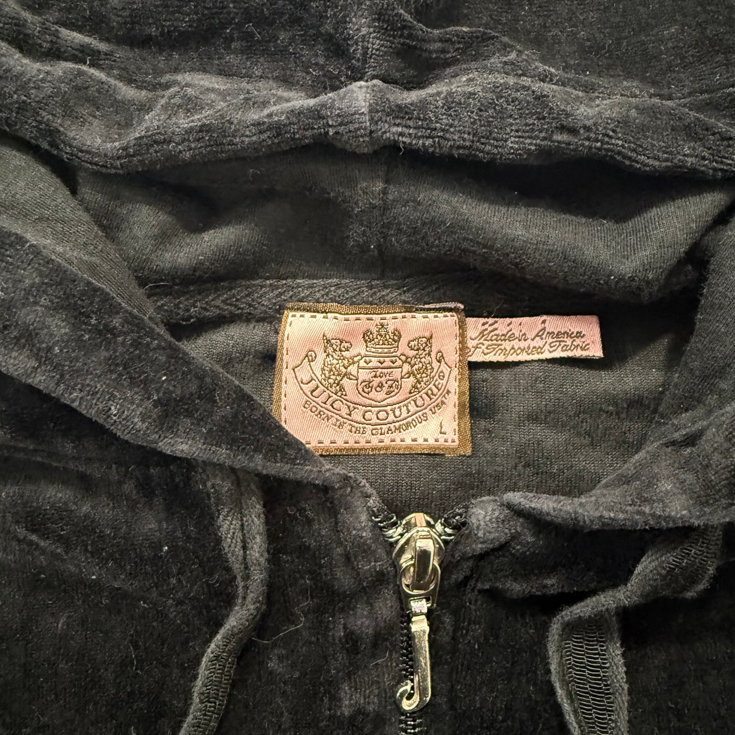 Vintage Juicy Couture Women's Black Velour Zip Up Hoodie Loungewear Y2K Size L
