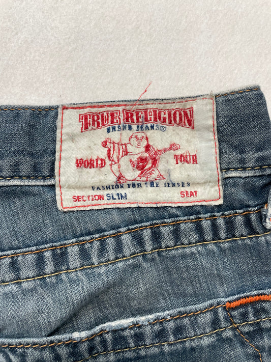 True Religion Blue Denim Jeans Straight Leg Horseshoe Stitch Back Flap Pockets Logo Patch Size 34