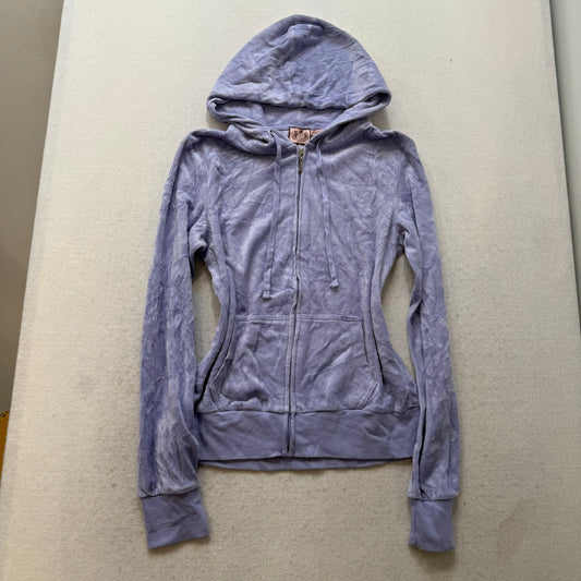 Juicy Couture Los Anglos Lavender Velour Zip-Up Hoodie Rhinestone Pockets Size M