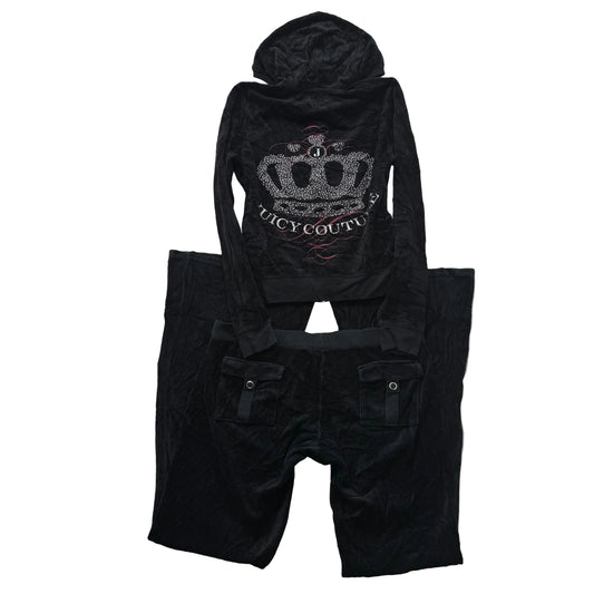 Vintage Juicy Couture Women's Black Velour Tracksuit Set Rhinestone Crown Size L