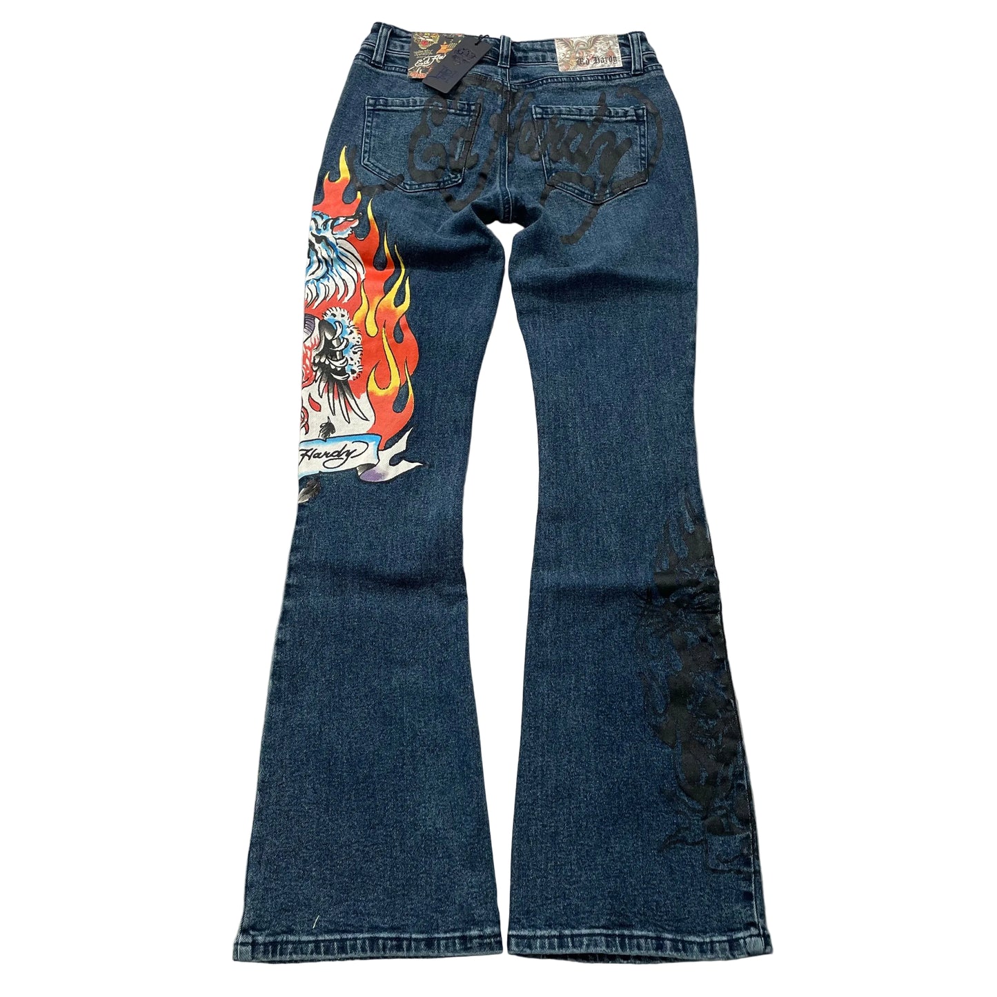 Ed Hardy Women's Blue Tiger Flame Graphic Flare Denim Jeans Y2K Tattoo Print