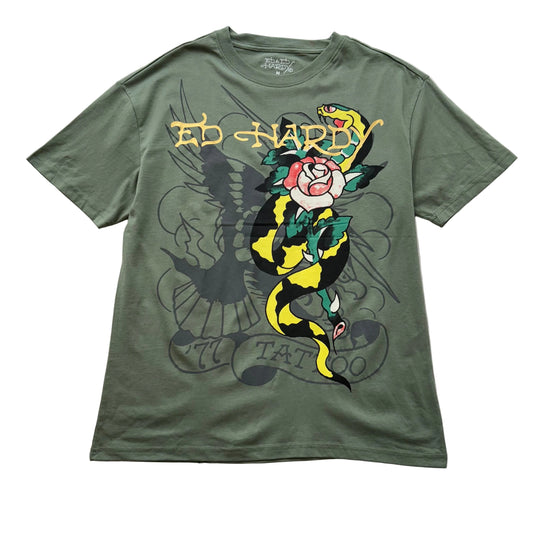 ED HARDY “Cobra Rose” OLIVE GRAPHIC TEE