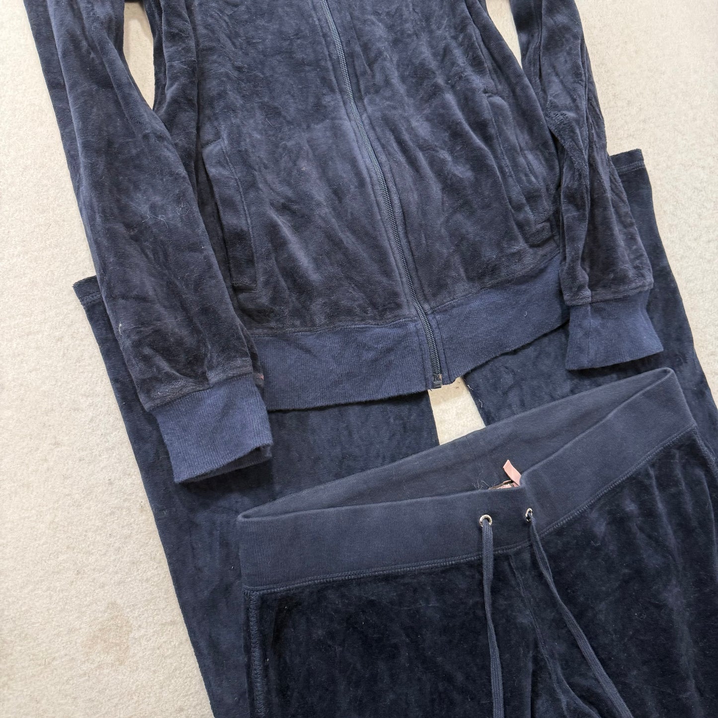 Juicy Couture Women Navy Velour Tracksuit Set Track Jacket & Flare Pant Size M/L