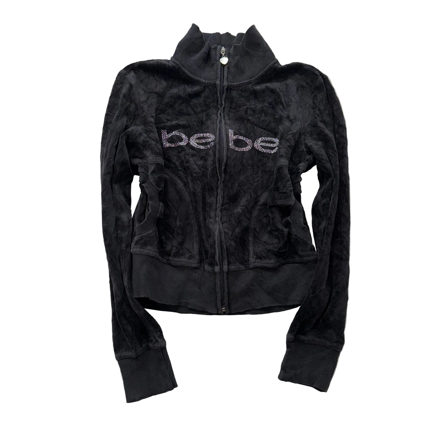 Bebe Women's Black Velour Full Zip Cropped Track Jacket Rhinestones Logo Size M