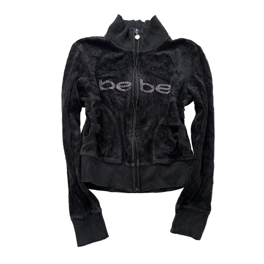 Bebe Women's Black Velour Full Zip Cropped Track Jacket Rhinestones Logo Size M