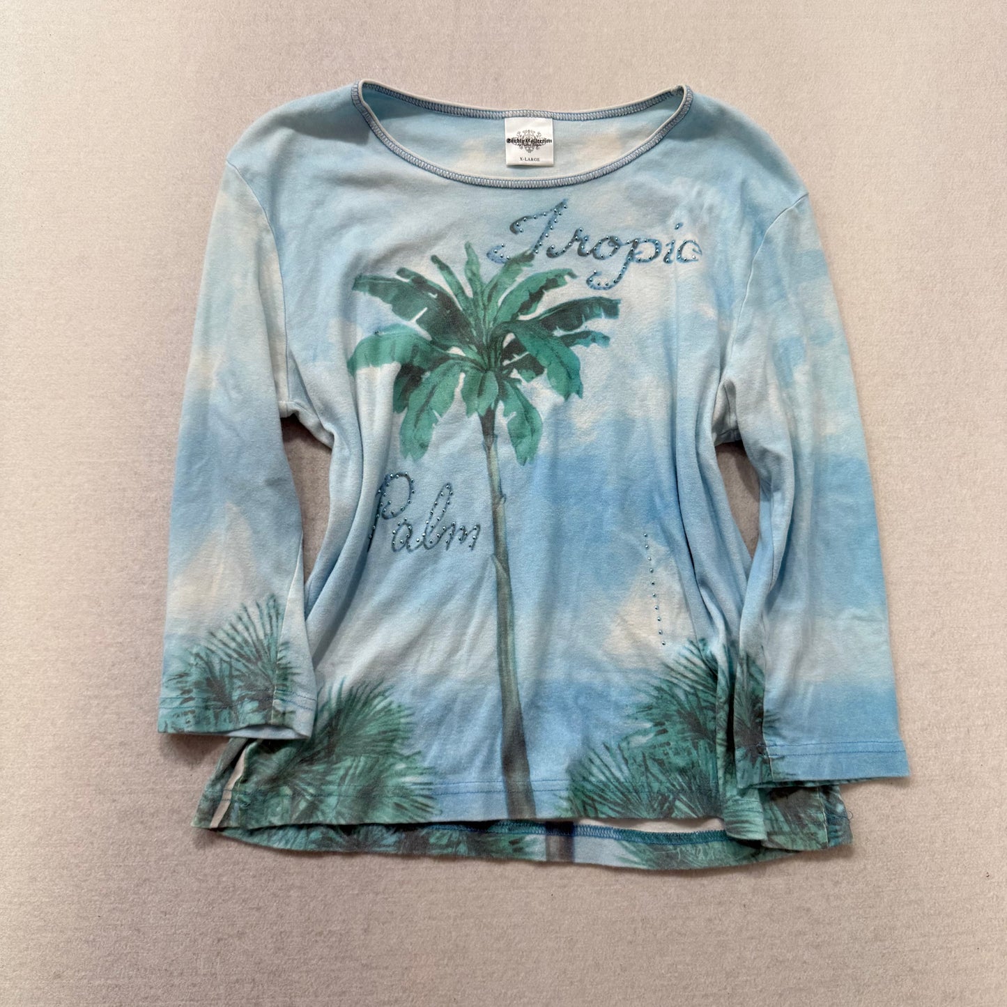 Studio Collection Blue Palm Tree Graphic Rhinestone Long Sleeve Top Size XL