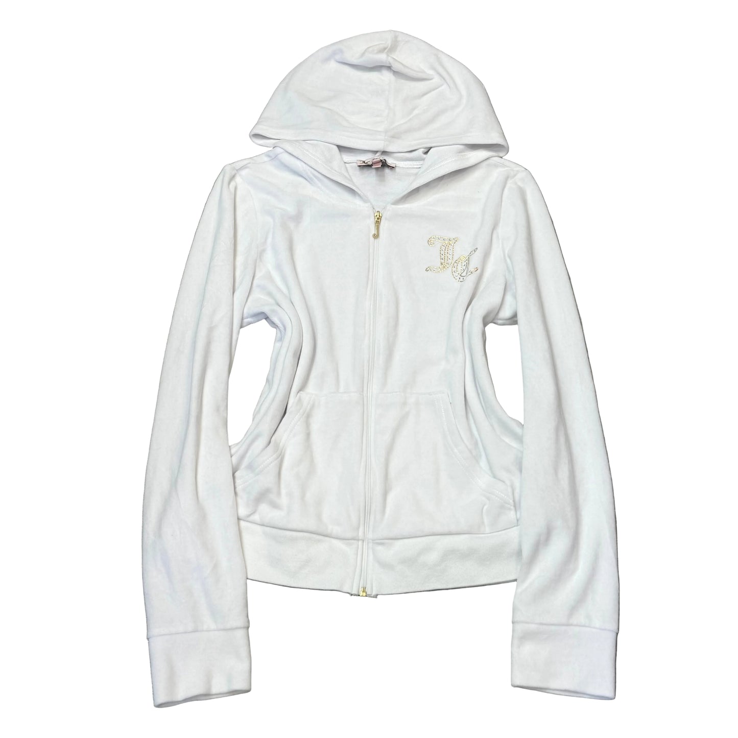 Juicy Couture Women's White Velour Zip-Up Hoodie Pockets Rhinestone Logo Size L