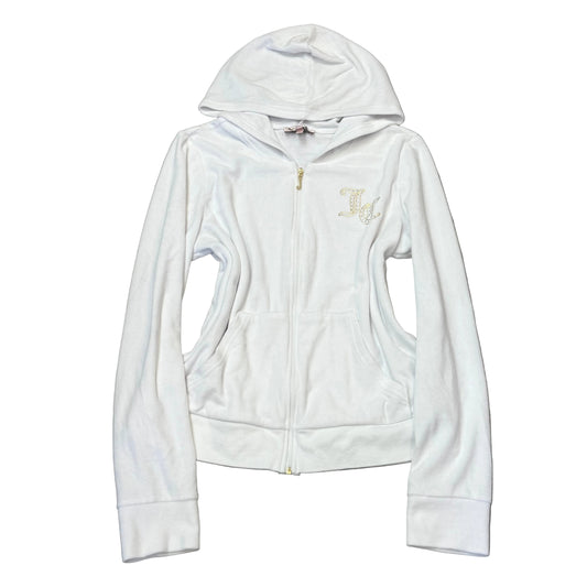 Juicy Couture Women's White Velour Zip-Up Hoodie Pockets Rhinestone Logo Size L