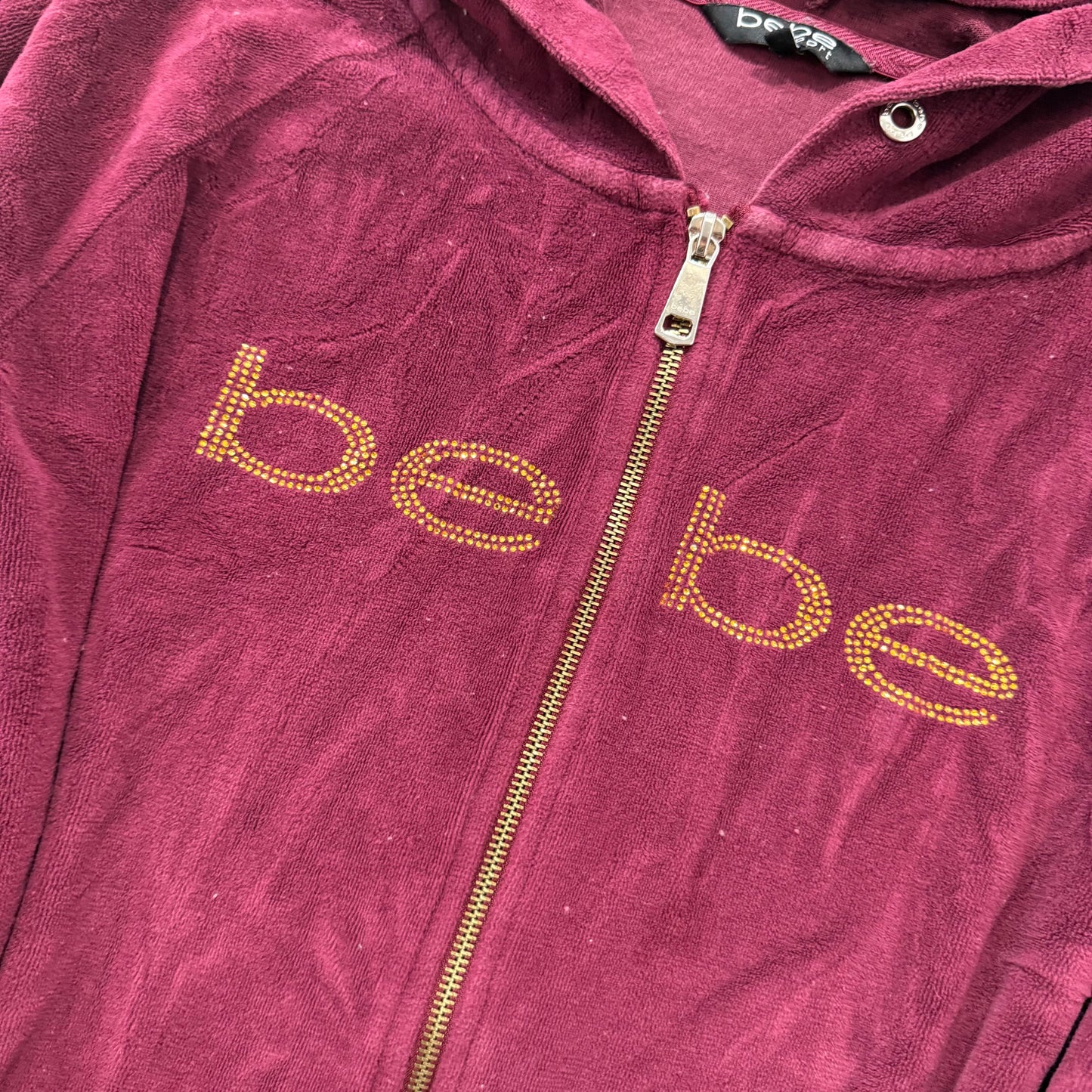Bebe Sport Women's Burgundy Velour Zip-Up Hoodie Pockets Rhinestone Logo Size 3X