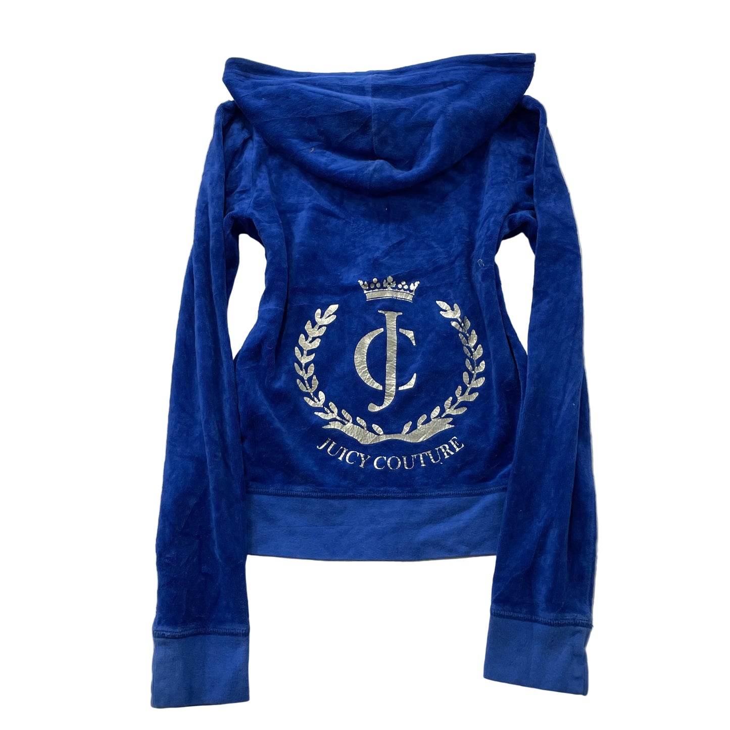 Juicy Couture Women's Cobalt Blue Velour Hoodie Crest Logo Graphic Pocket Size M