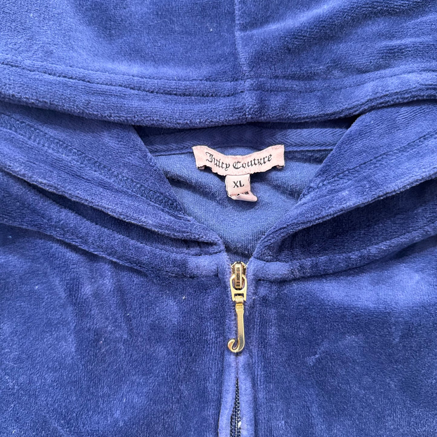 Juicy Couture Women's Navy Velour Zip-Up Hoodie Back Crest Graphic Logo Size XL
