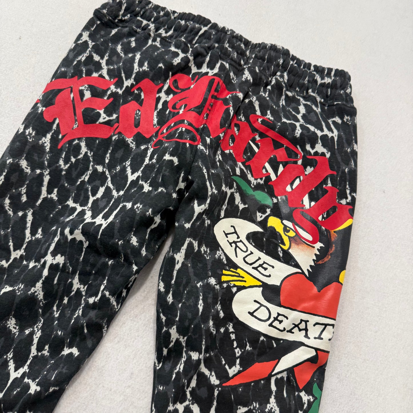 Ed Hardy Women Black Leopard Print Velour Flare Track Pant Eagle Graphic Size XS