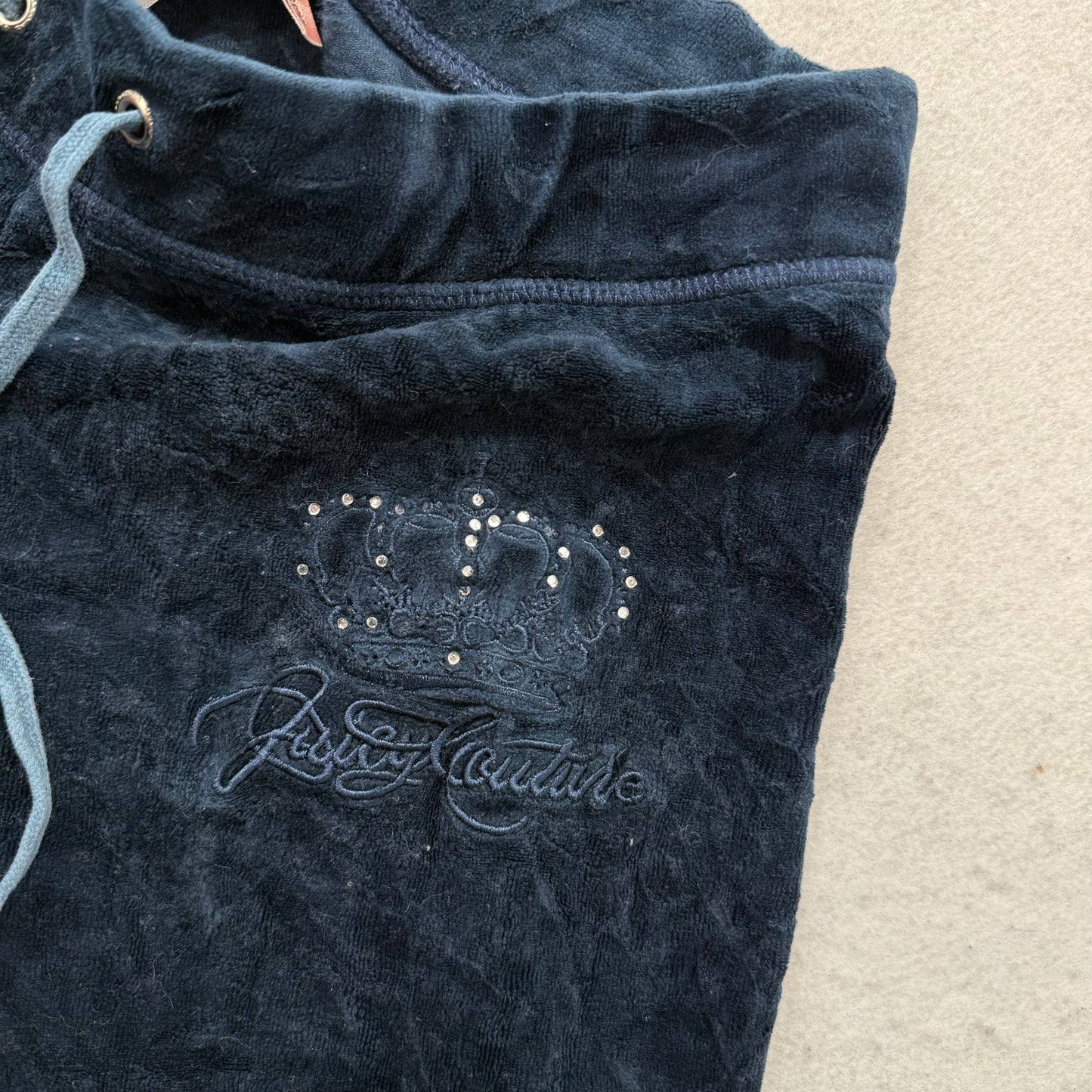 Vintage Juicy Couture Women's Navy Flared Track Pant Rhinestones Logo Y2K Size S