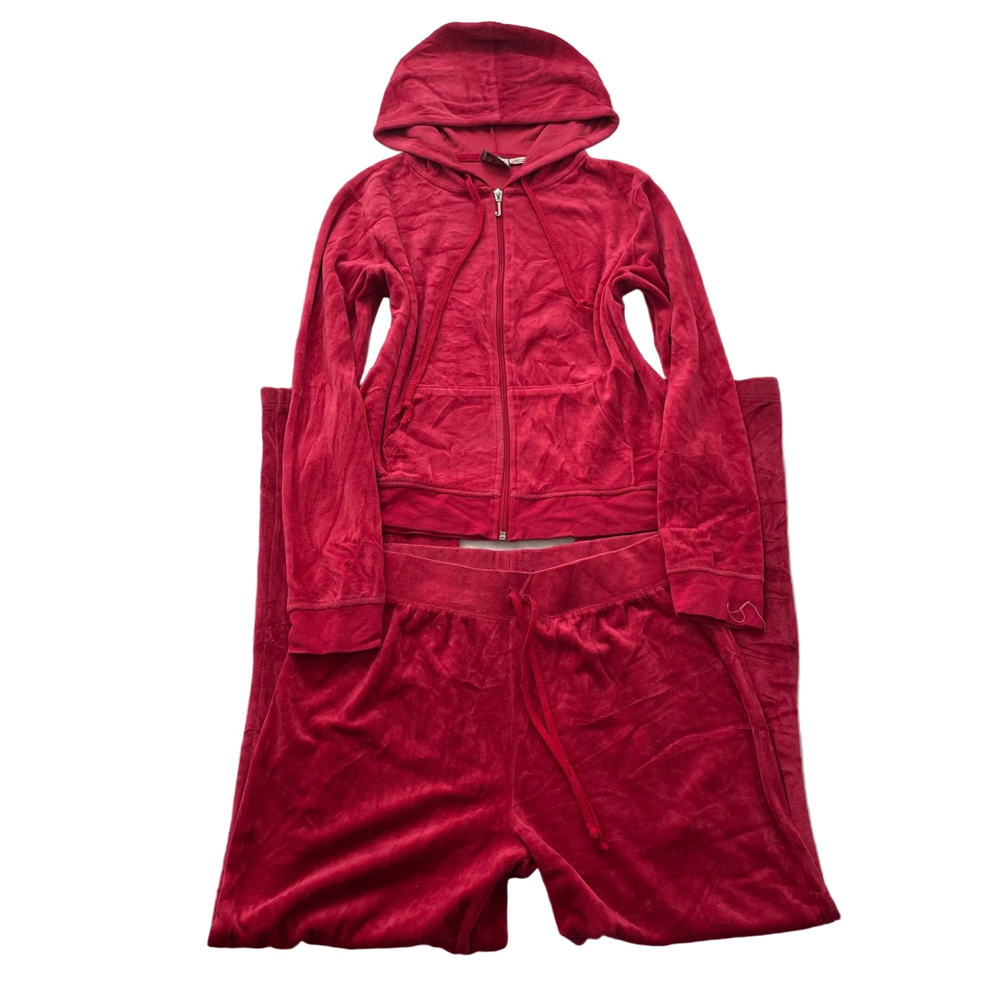 Vintage Juicy Couture Women's Red Velour Tracksuit Set Hoodie & Pant Size L