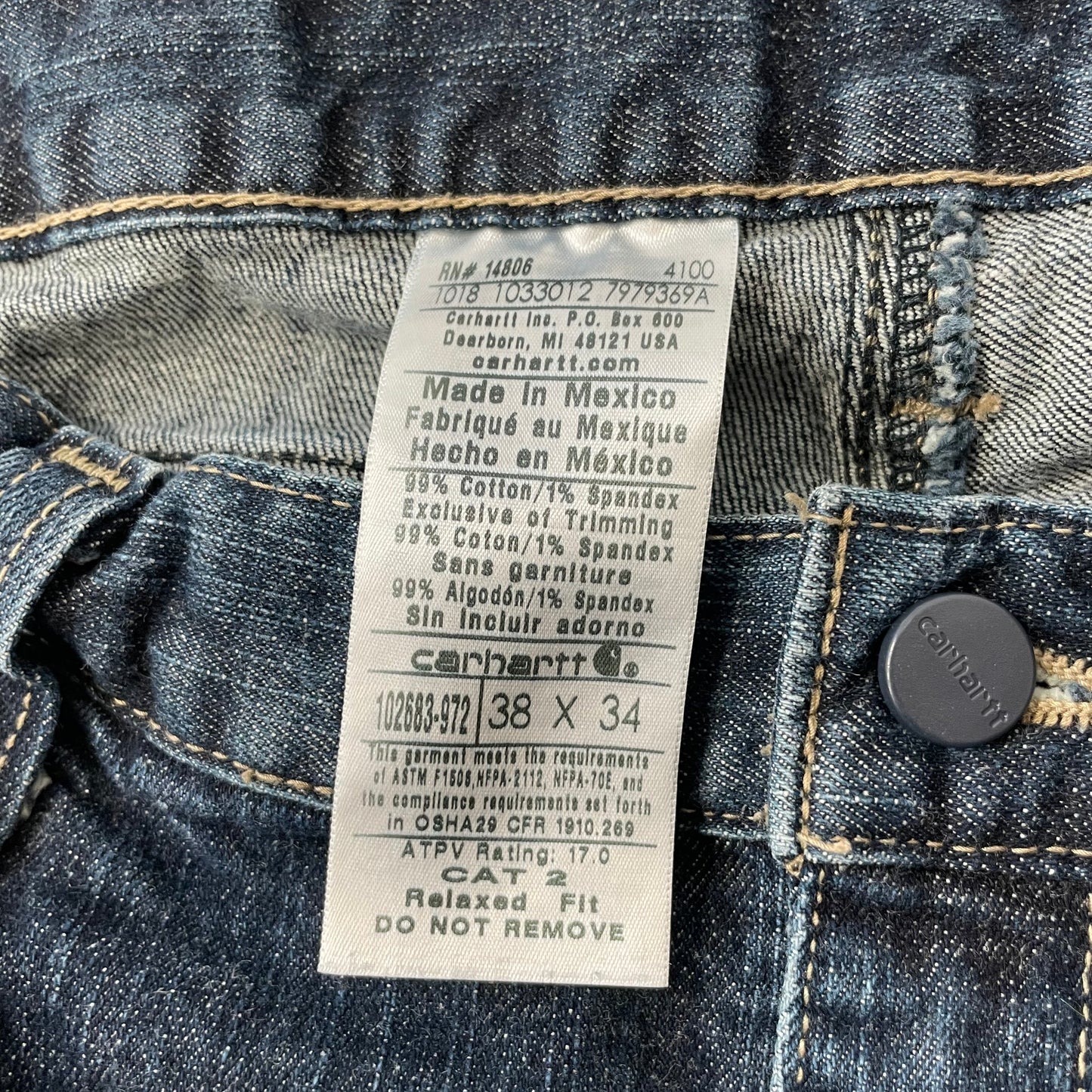 Carhartt Men Blue Denim Flame Resistant Rugged Flex Jeans Relaxed Fit Size 38x34