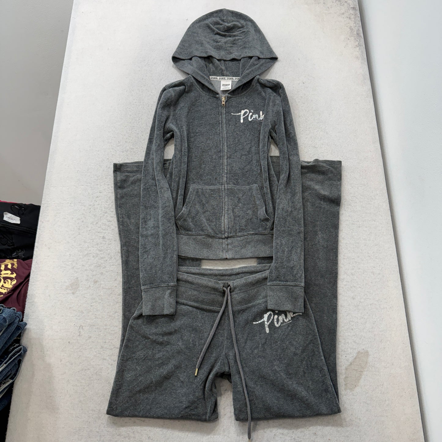 Victoria's Secret PINK Women's Grey Velour Tracksuit Set Hoodie & Pants Size S