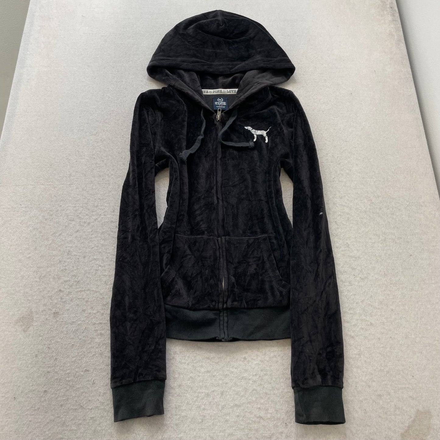Victoria's Secret PINK Women's Black Zip-Up Hoodie Sequin Logo Drawstring Size S