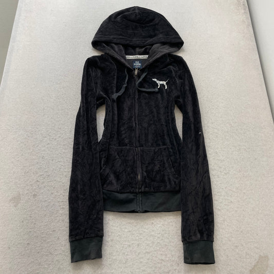 Victoria's Secret PINK Women's Black Zip-Up Hoodie Sequin Logo Drawstring Size S