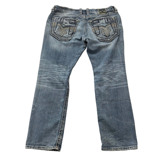 Rock Revival Light Washed Denim Straight Jeans Fleur-de-lis Pockets Size 40
