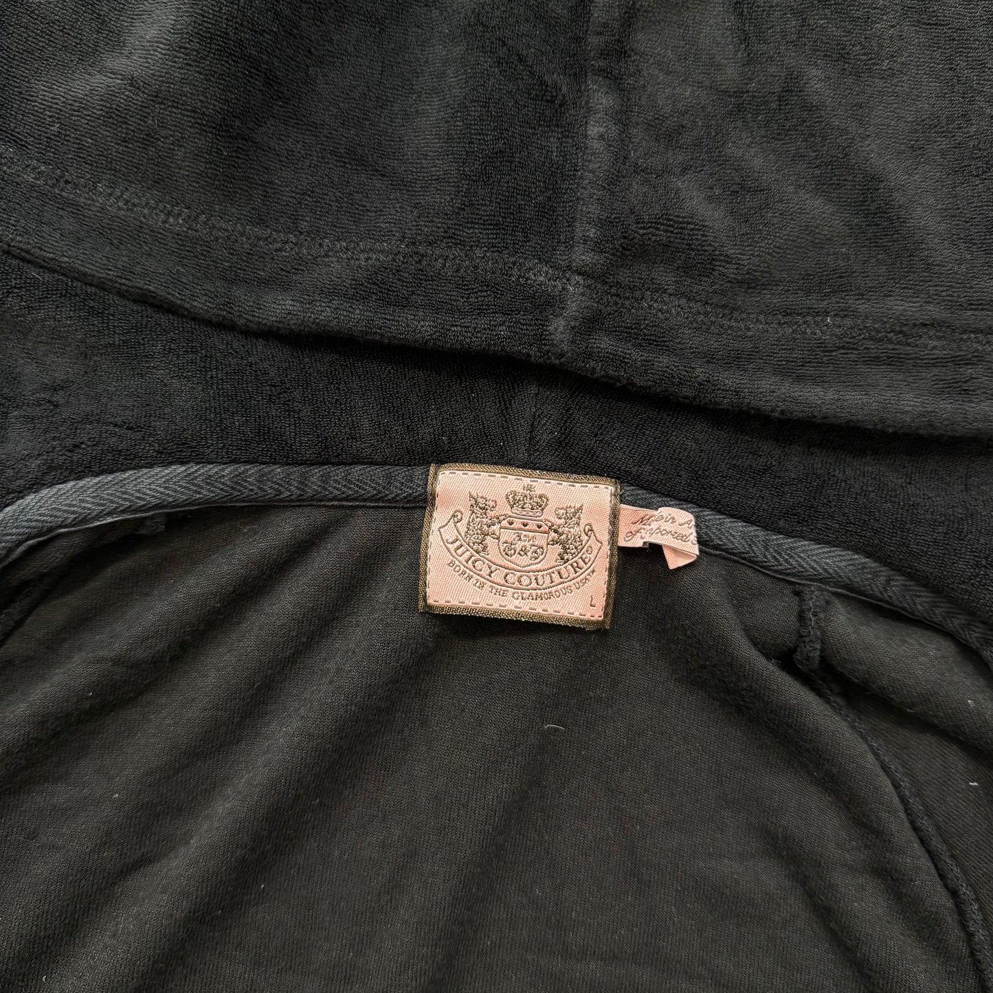 Vintage Juicy Couture Womens Black Terry Cloth Zip-Up Long Hoodie Pockets Size L