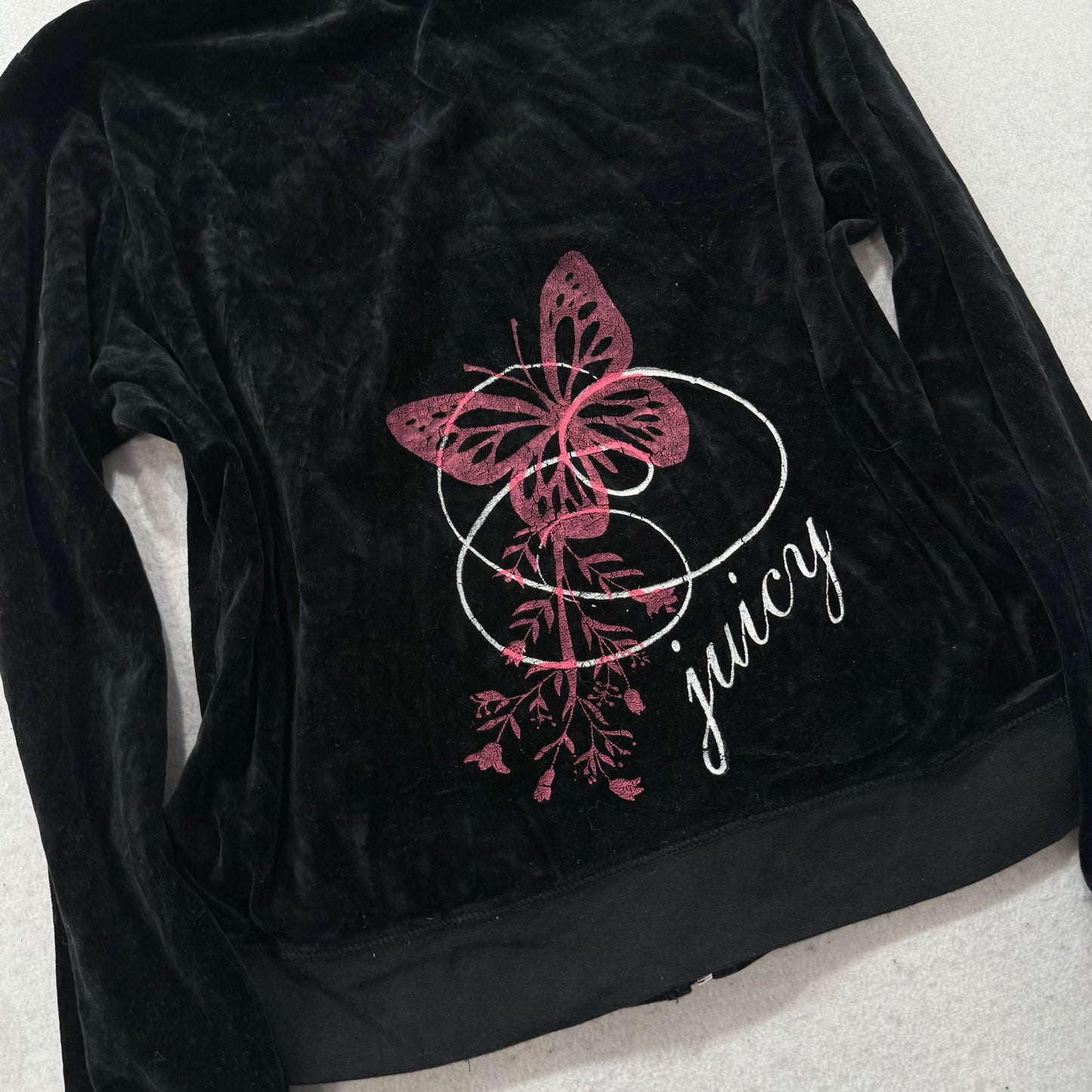 Juicy Couture Women's Jet Black Velour Zip Up Hoodie Graphic Logo Preppy Size XL