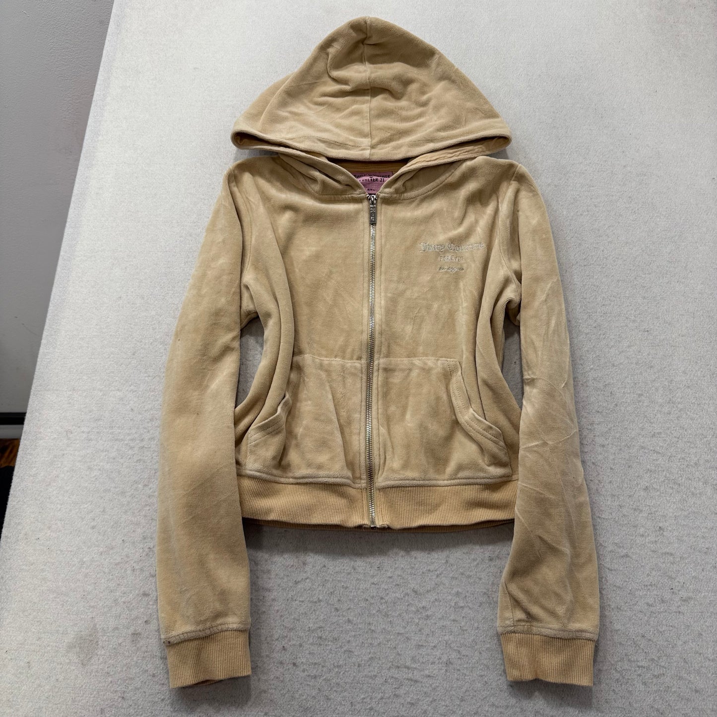 Juicy Couture Forever Women's Camel Velour Zip-Up Hoodie Rhinestones Logo Size L