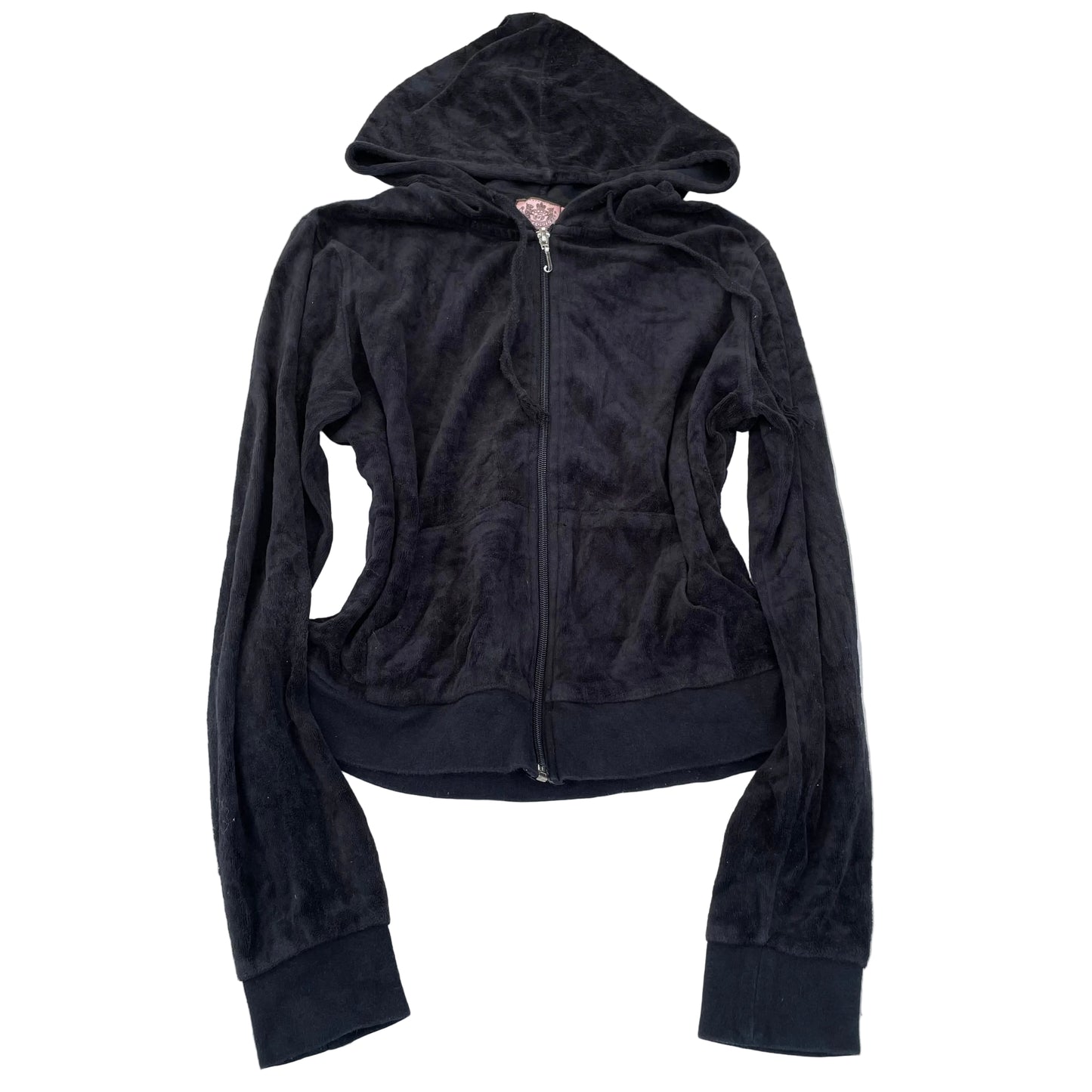 Juicy Couture Women's Black Velour Full Zip Hoodie Drawstring Pockets Y2k Size M