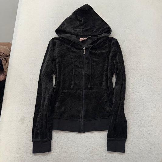 Vintage Juicy Couture Womens Black Velour Tracksuit Set Hoodie & Pant Y2k Size S