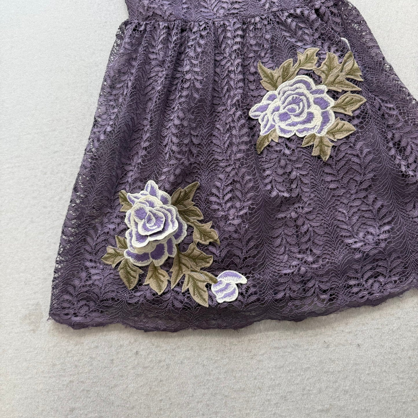 Francescas Womens Purple Lace Mini Dress Floral Rose Appliques Sleeveless Size S