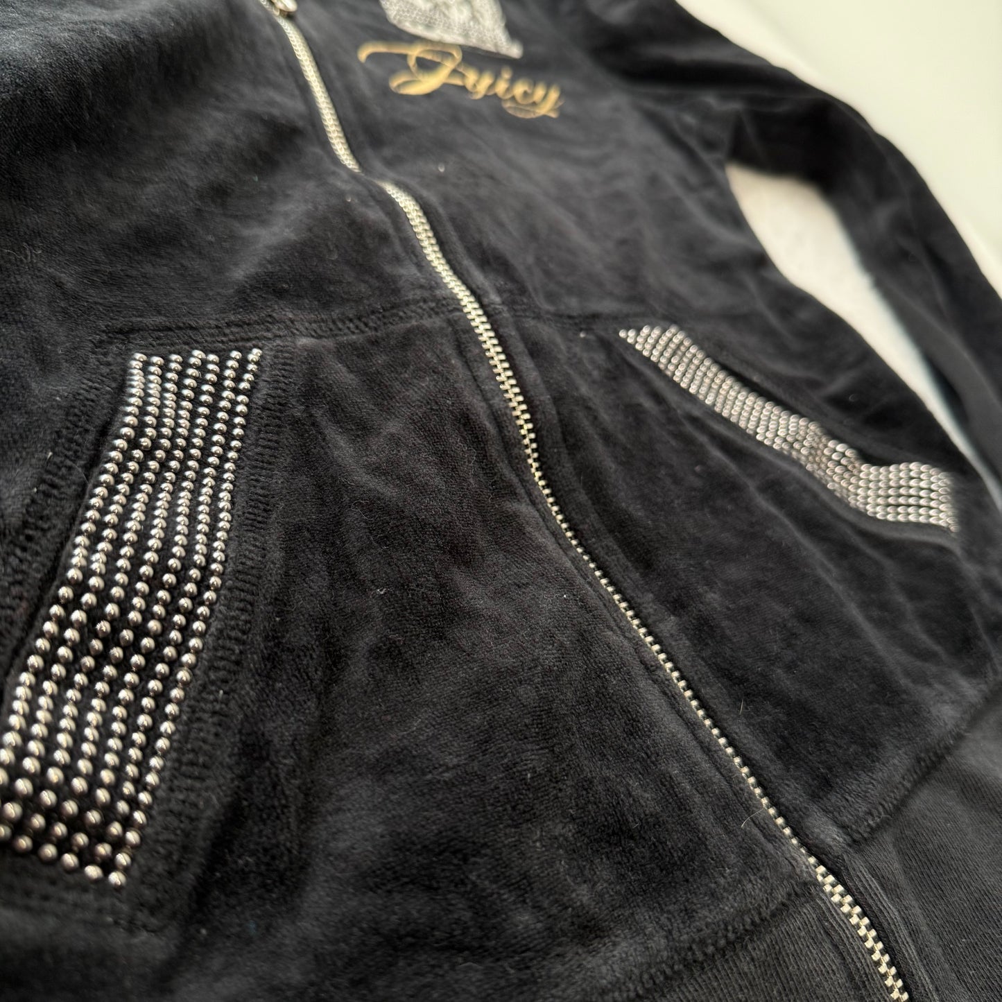 Juicy Couture Women's Black Velour Track Jacket Rhinestone Crown Graphic Size M