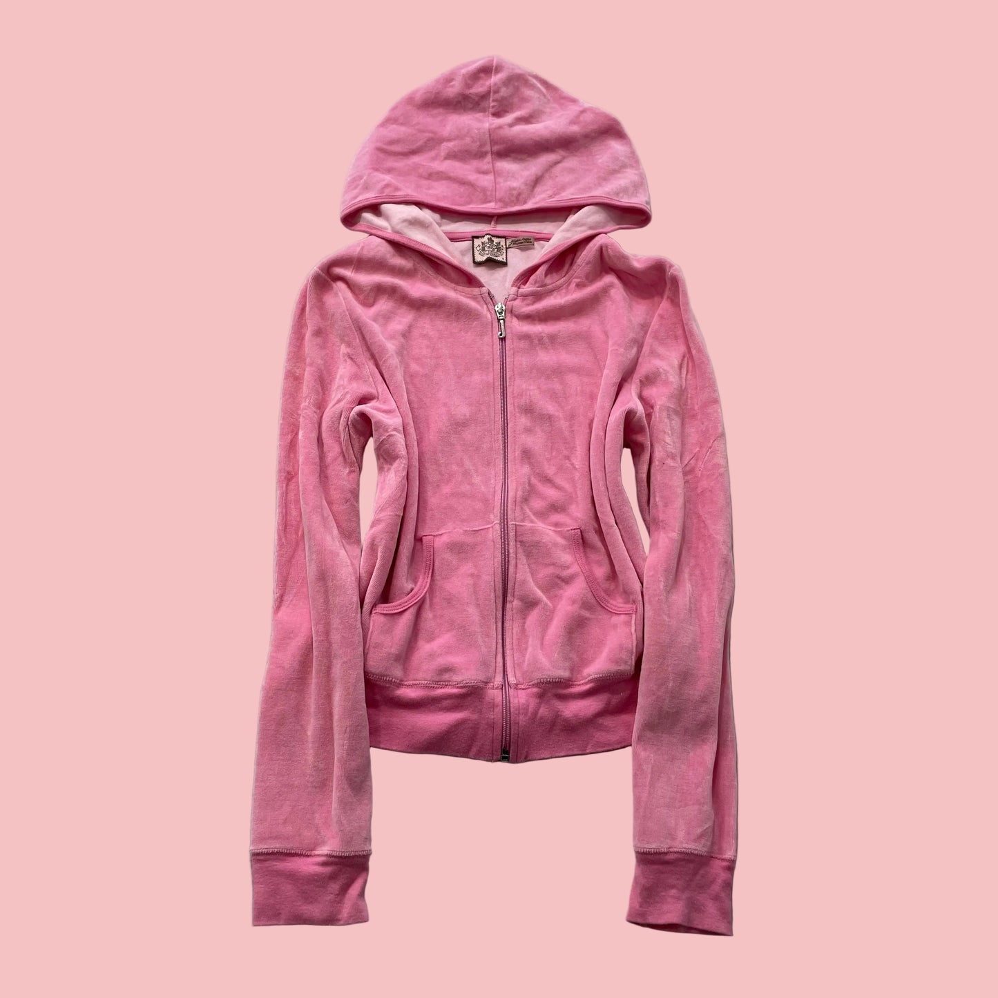 Vintage Juicy Couture Women's Pink Velour Zip-Up Hoodie Loungewear Pocket Size S