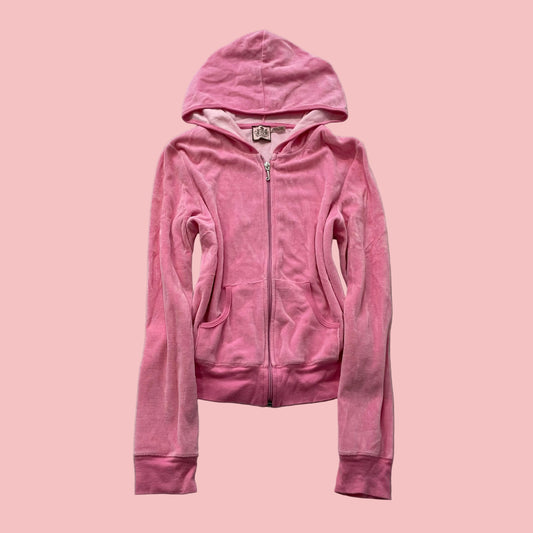 Vintage Juicy Couture Women's Pink Velour Zip-Up Hoodie Loungewear Pocket Size S