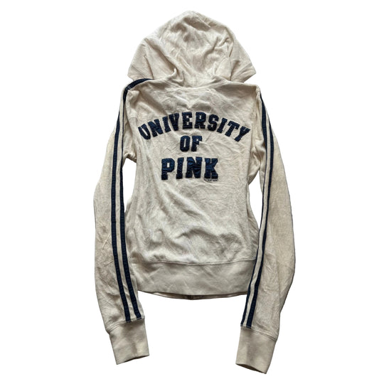 2004 Victoria's Secret PINK Cream Navy #86 Varsity Striped Sleeve Hoodie - XS