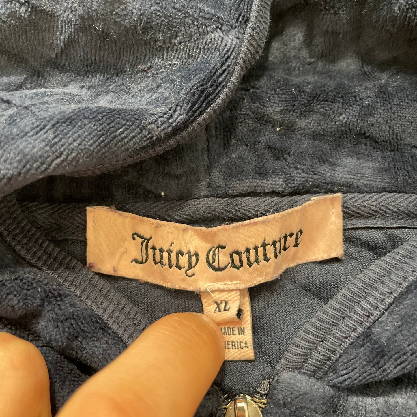 Juicy Couture Women's Navy Blue Velour Zip-Up Hoodie Floral Graphic Logo Size XL