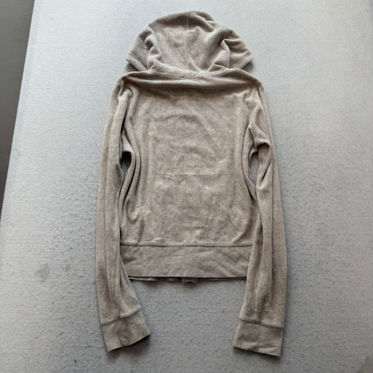 Vintage Juicy Couture Women's Light Taupe Velour Full Zip Hoodie Pockets Size S