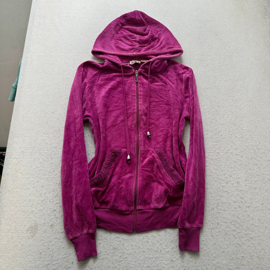 Vintage Juicy Couture Womens Rich Magenta Velour Zip-Up Hoodie Loungewear Size S
