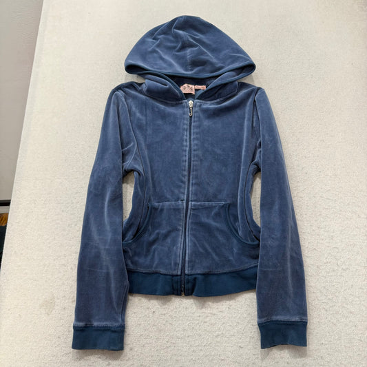 Vintage Juicy Couture Women's Navy Velour Zip-Up Hoodie Glitter Logo Y2k Size L