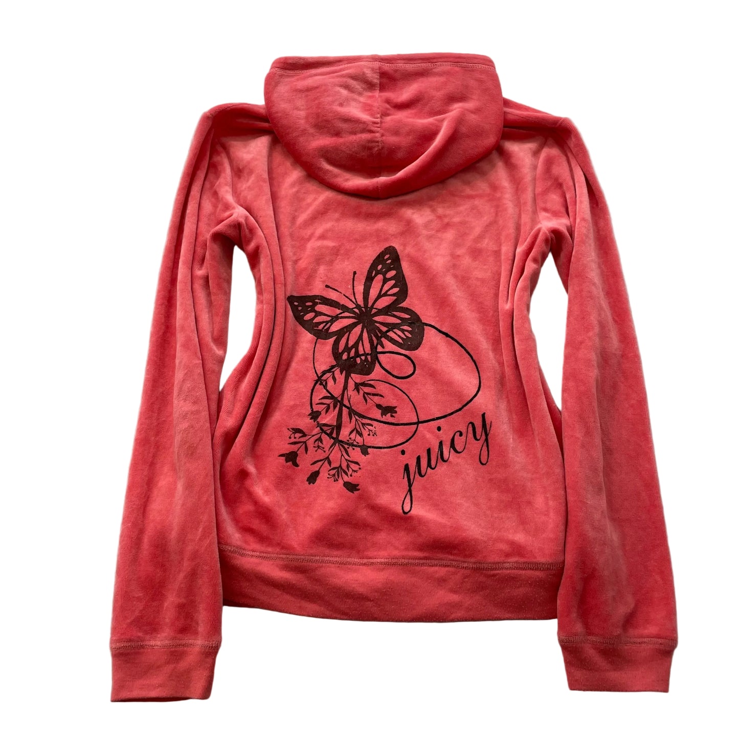 Juicy Couture Womens Coral Velour Zip-Up Hoodie Butterfly Graphic Pockets Size M