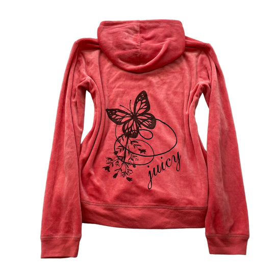 Juicy Couture Womens Coral Velour Zip-Up Hoodie Butterfly Graphic Pockets Size M