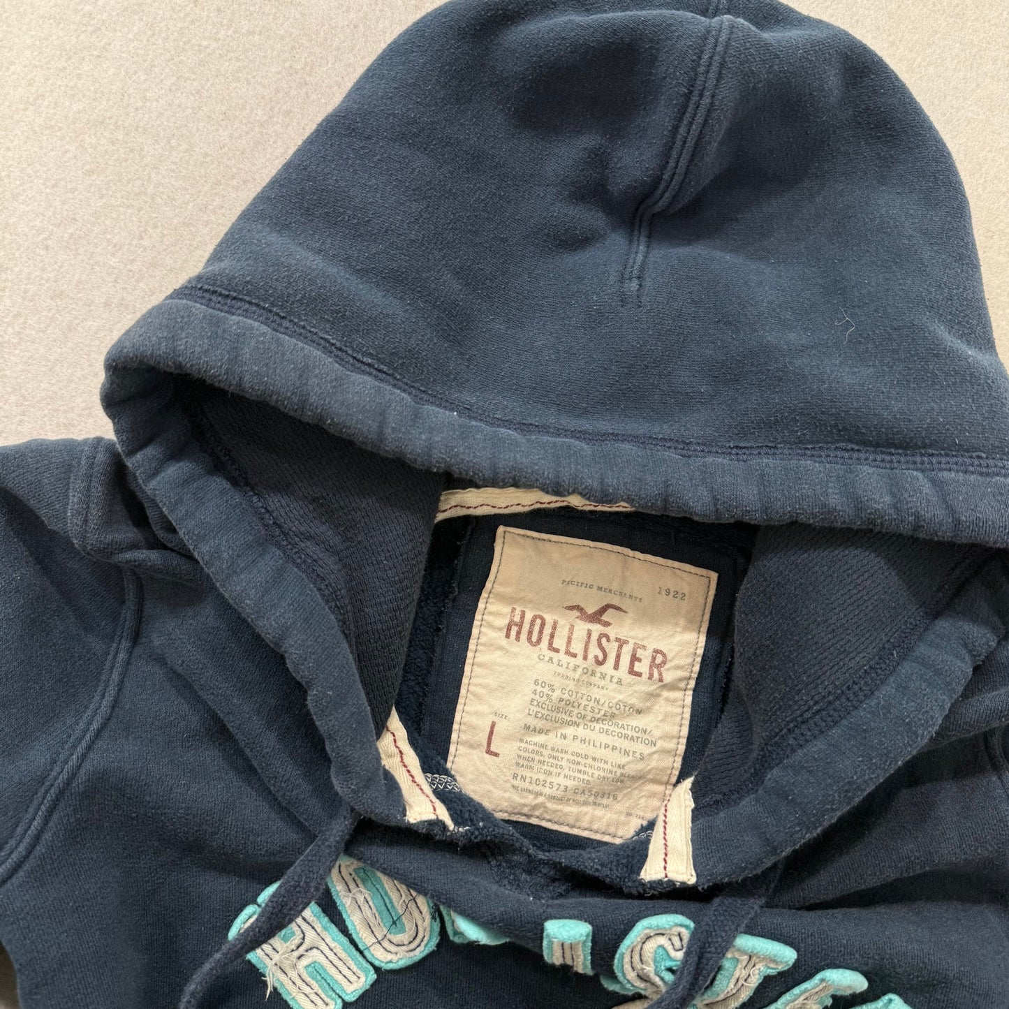 Hollister Navy Cotton Blend Pullover Hoodie Kangaroo Pocket Seagull Logo Size L