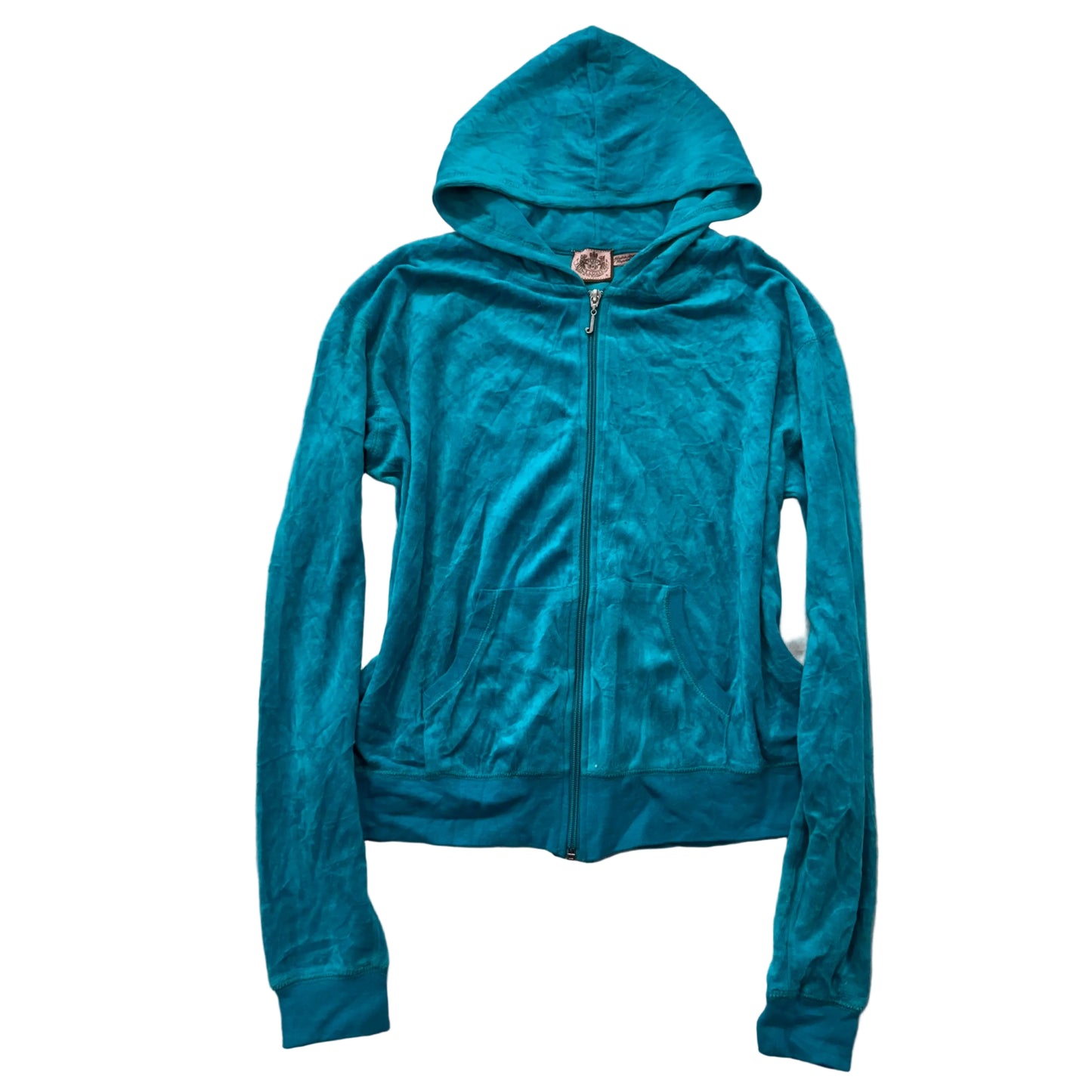 Juicy Couture Women's Teal Velour Full Zip Hoodie Split Kangaroo Pockets Size XL