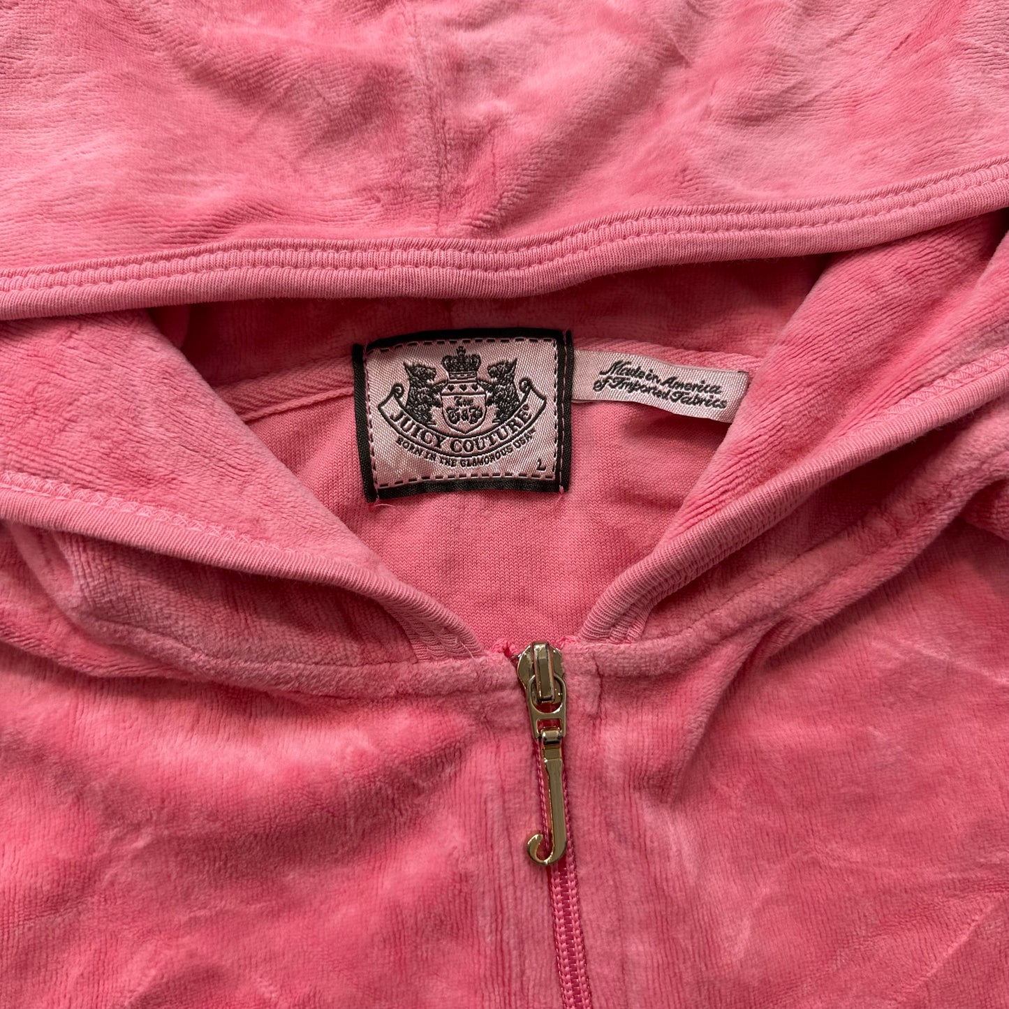 Vintage Juicy Couture Women's Pink Velour Full Zip Hoodie Graphic Pockets Size L