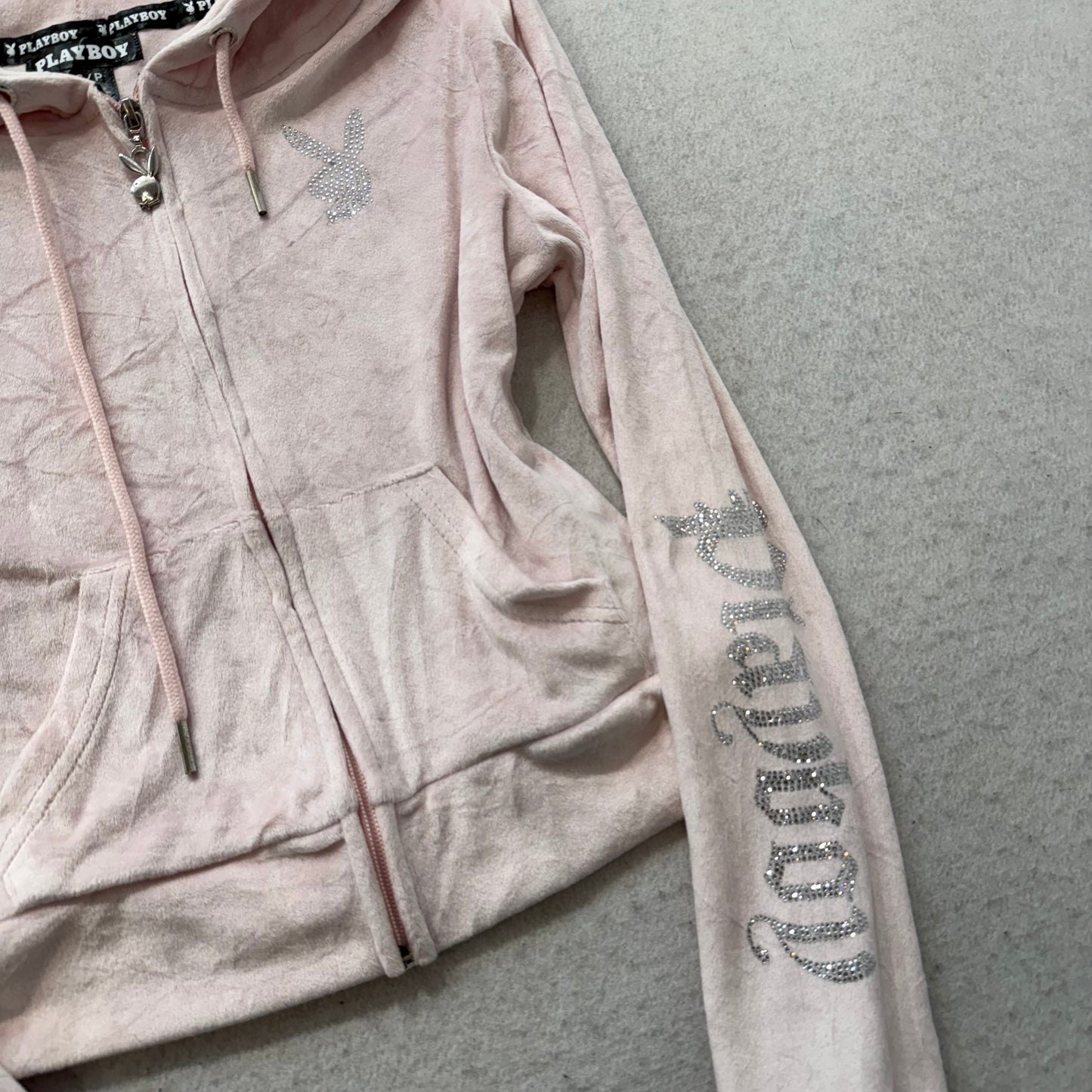 Playboy Women's Pastel Pink Velour Cropped Zip Up Hoodie Loungewear Logo Size S