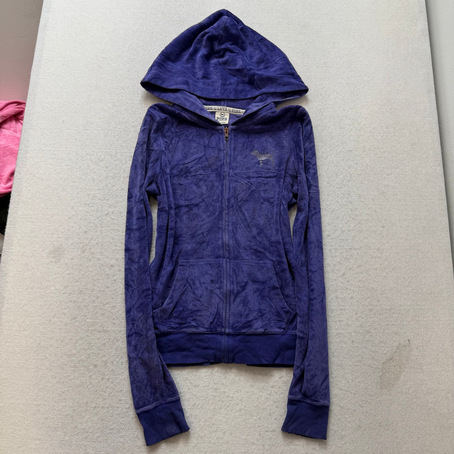 Victoria's Secret PINK Womens Deep Blue Velour Zip-Up Hoodie Graphic Logo Size S
