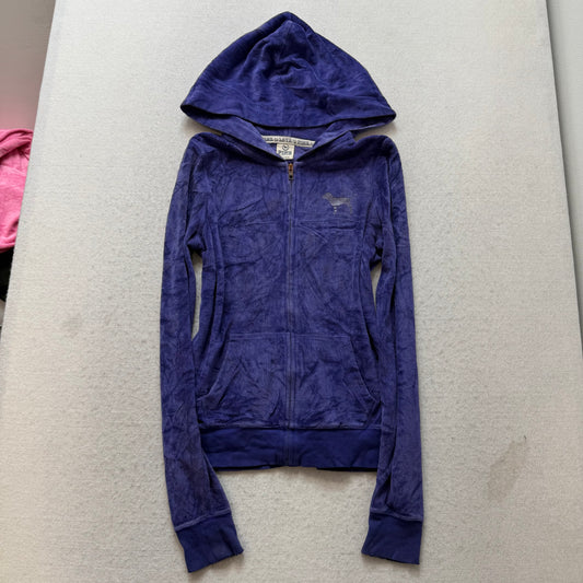 Victoria's Secret PINK Womens Deep Blue Velour Zip-Up Hoodie Graphic Logo Size S