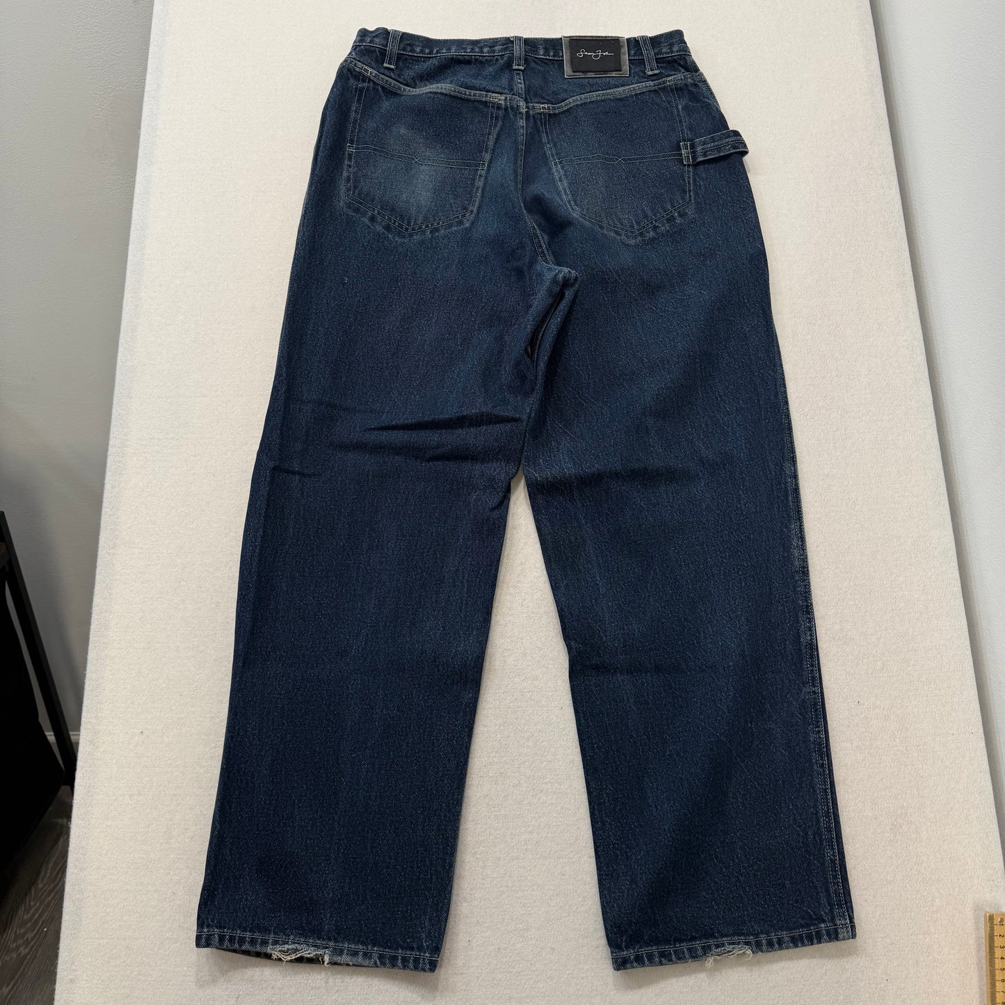 Sean John Dark Blue Denim Jeans Straight Leg Embroidered Logo 100% Cotton Size 34