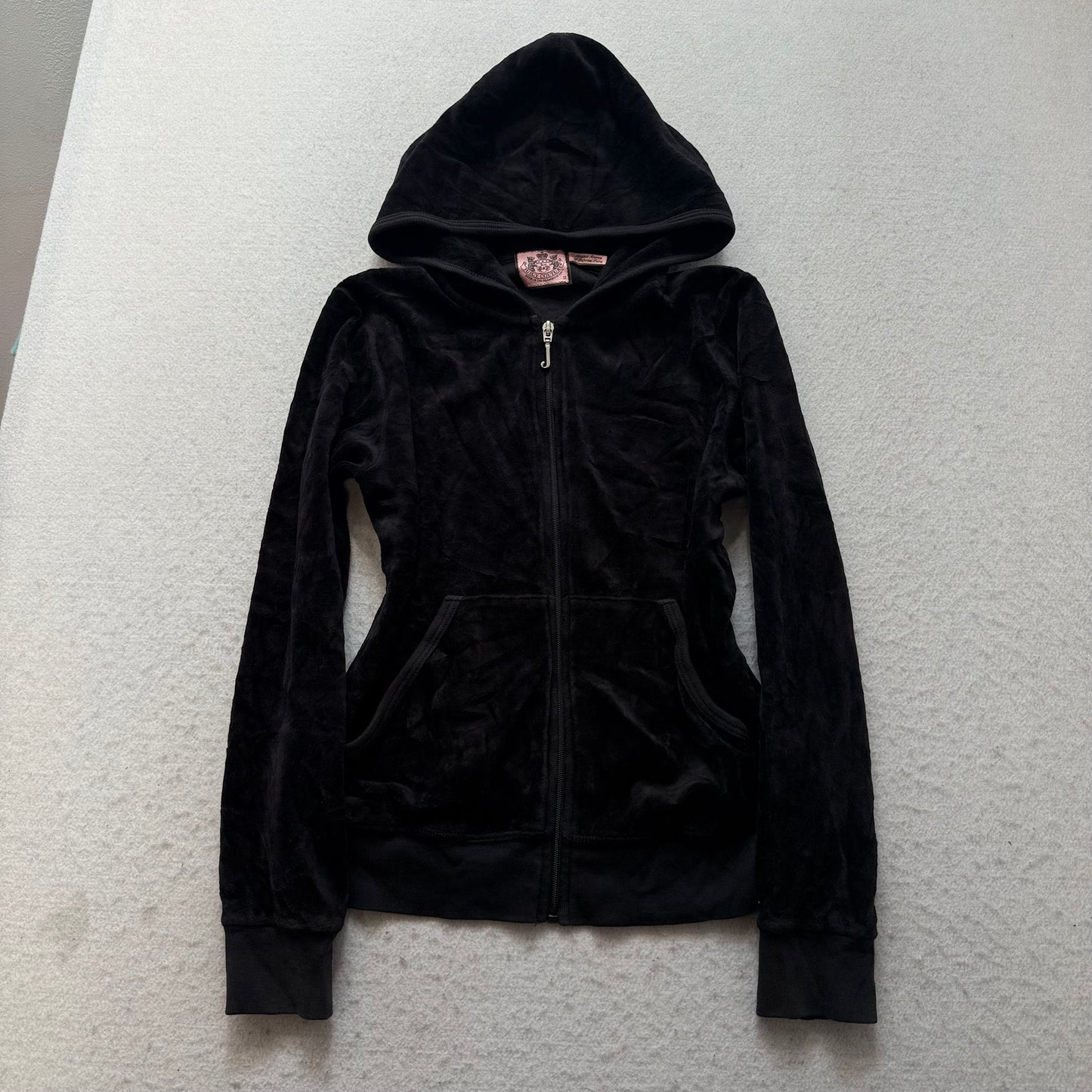 Juicy Couture Women's Black Velour Zip-Up Hoodie Loungewear Graphic Logo Size 12
